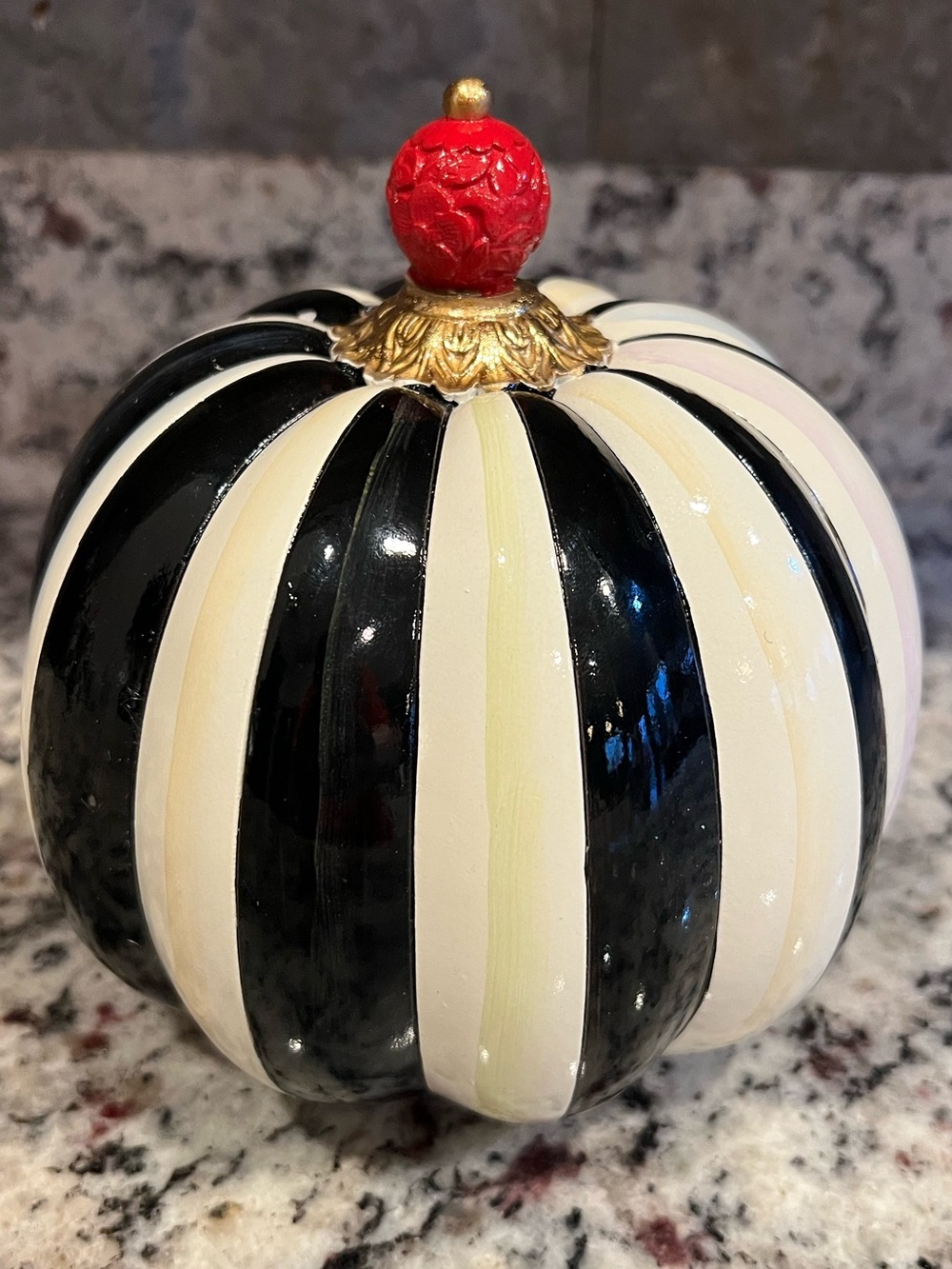 MacKenzie-Childs Courtly Stripe Pumpkin with red finial. EUC!  6.5"